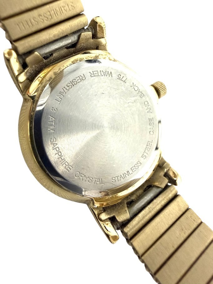 Vtg BELAIR Military Time Watch Day Date Gold Tone Stainless Stretchy NEW BATTERY