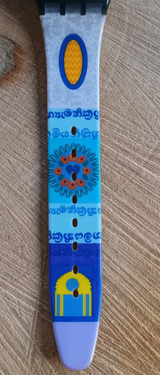 SWATCH WATCH GM111 SARI 1993 COLOURFUL DESIGN WITH HINDU MOTIFS ON THE STRAP