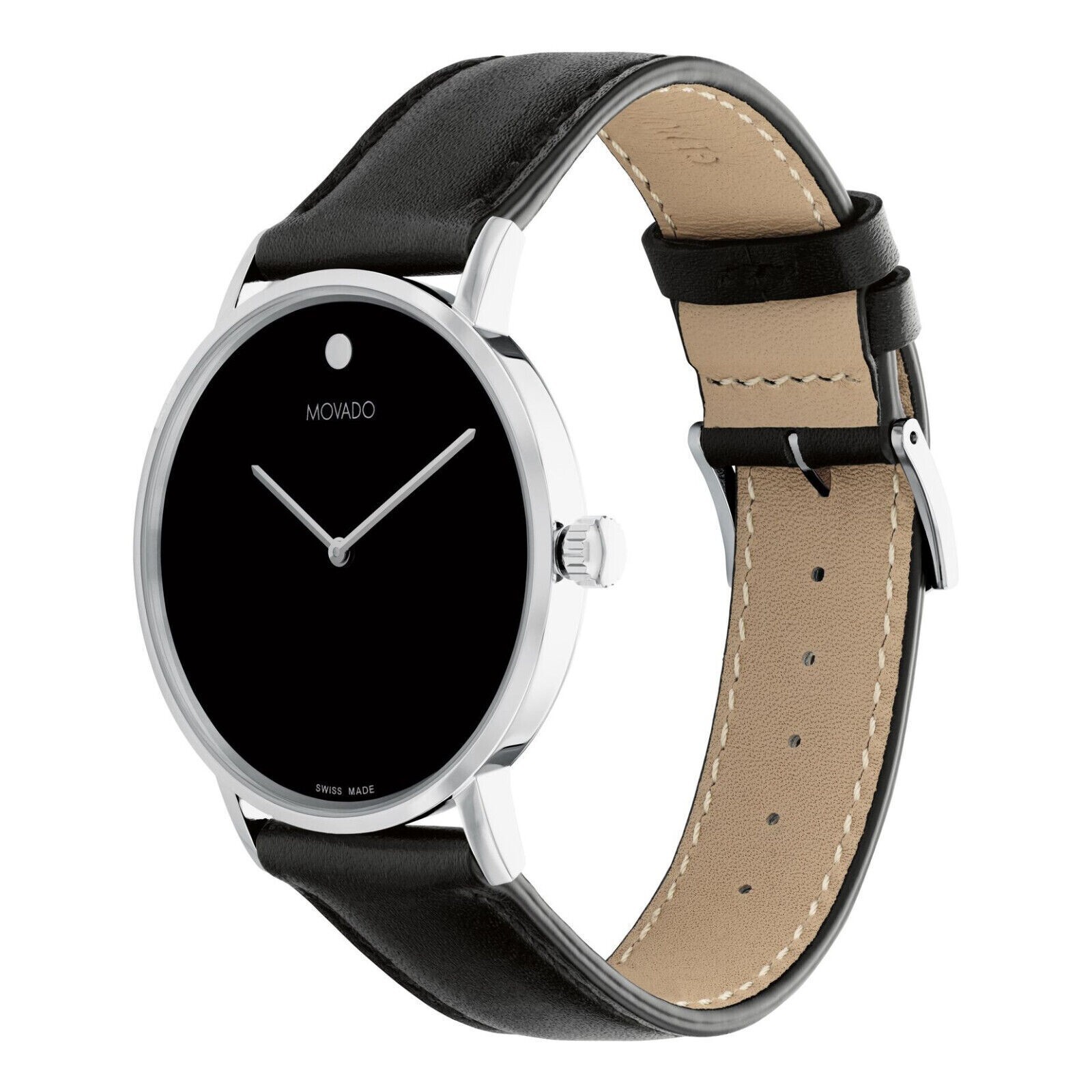 Movado Signature Men’s Black Dial Black Leather Strap Swiss 40mm Watch