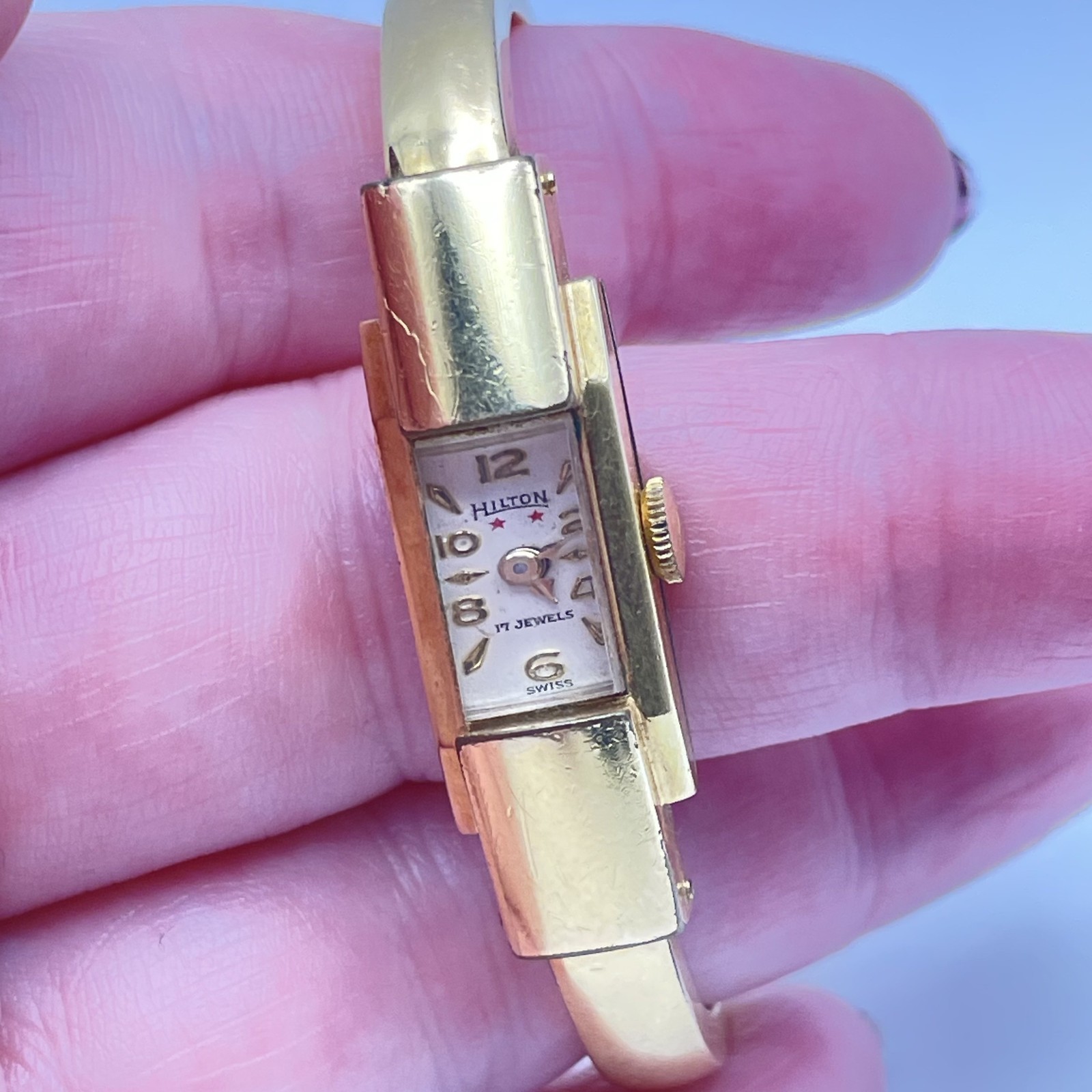 Vintage Gold-toned Art Deco Hilton Swiss Bangle Watch 2.5″ wide