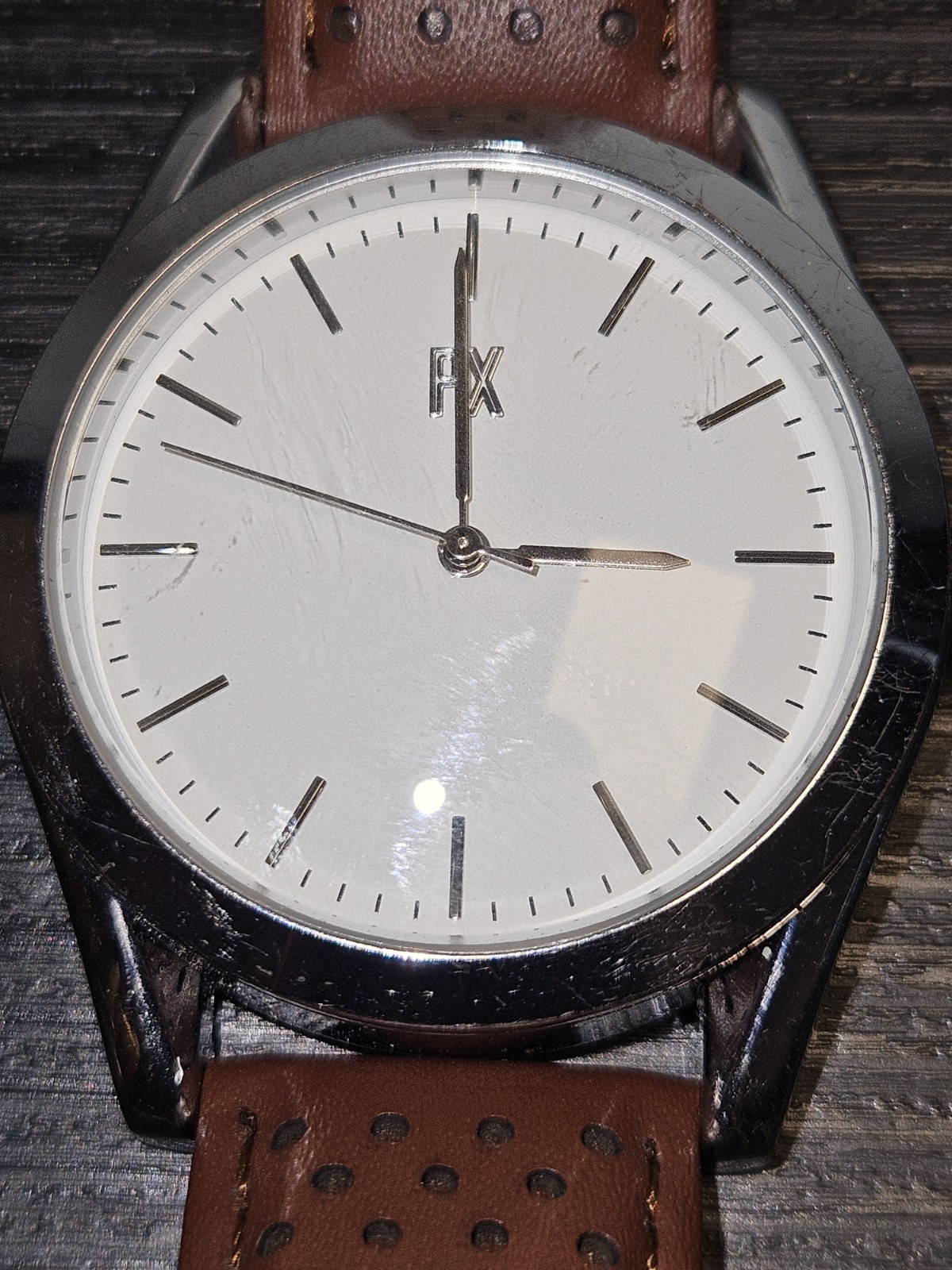 PX Watch Brown Perforated Leather Band Quartz Hands Move As-Is