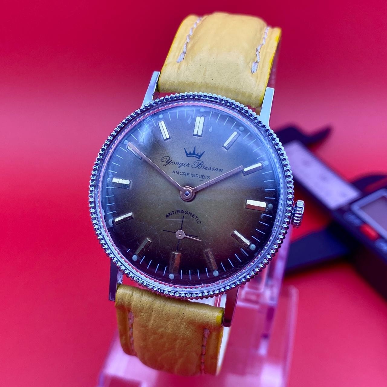 Vintage Yonger Bresson Watch Mens Manual WindSmall Second Gold Dial Yellow Strap