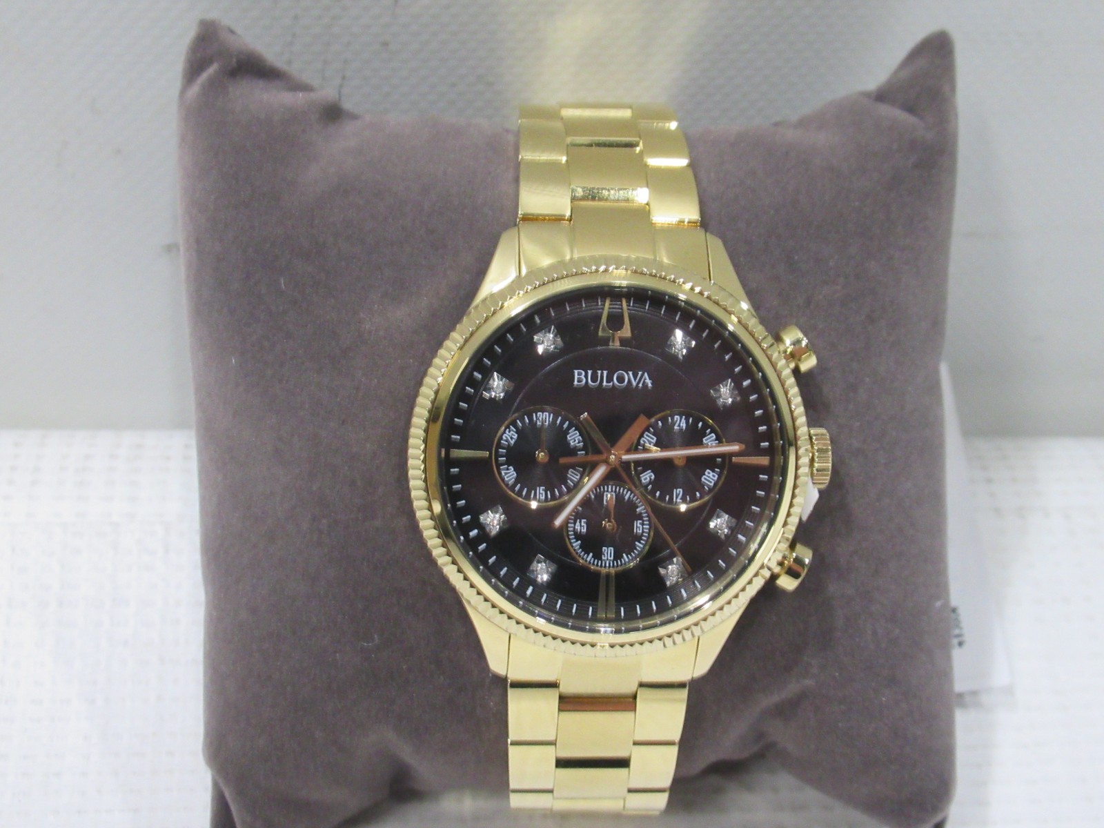 Bulova Men’s Chronograph Gold Tone Stainless Steel Watch-97D131 Black Dial 30M