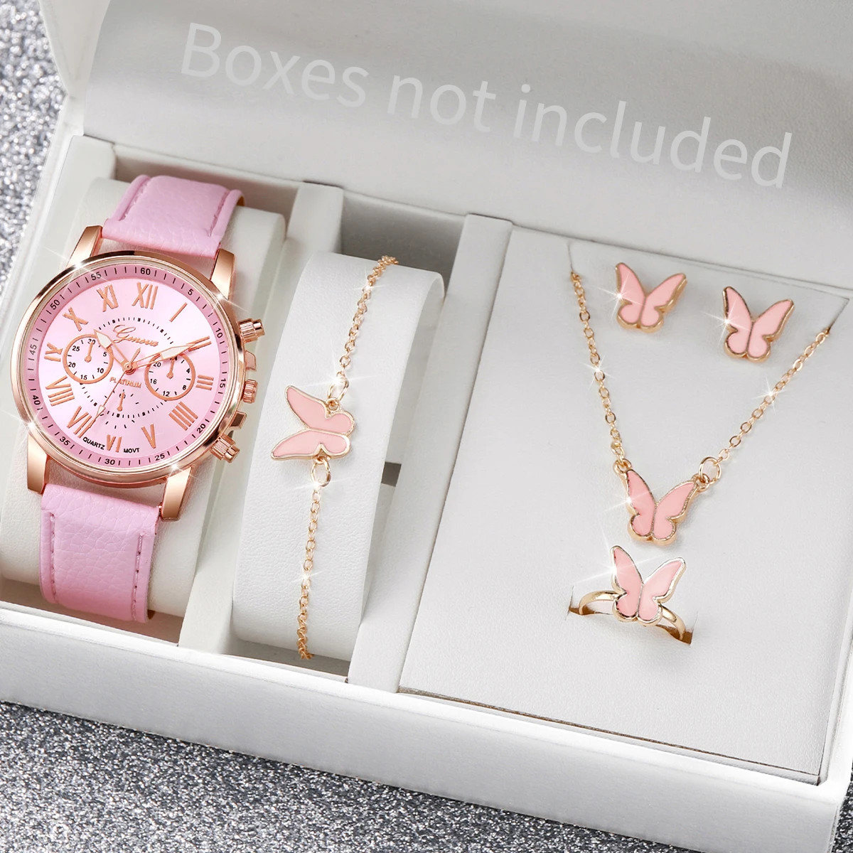 5/6PCS Women’s Quartz Watch Set Leather Band Rhinestone Heart Jewelry Gift