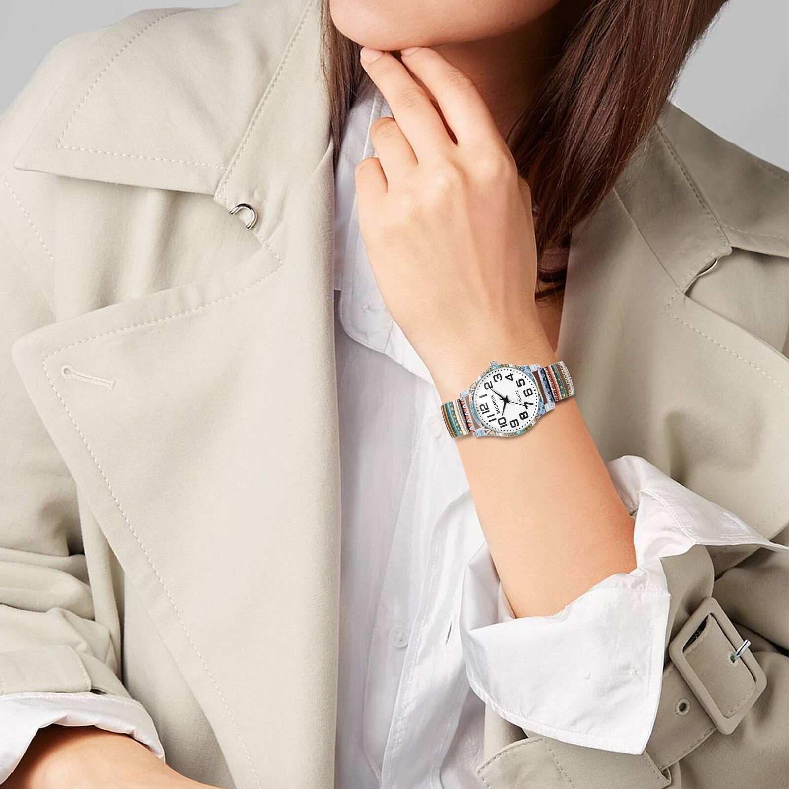 Womens Girls Boho Printed Elastic Band Big Numbers Round Dial Analog Wrist Watch