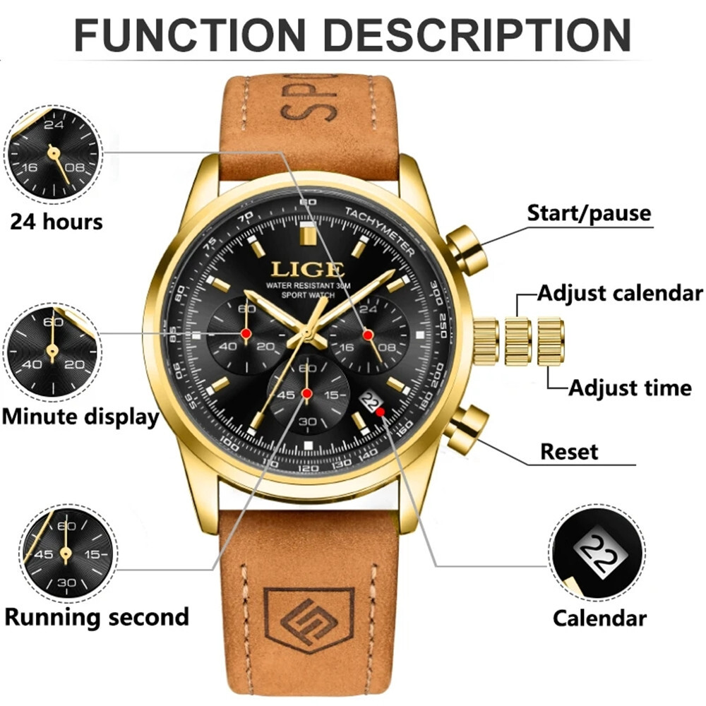LIGE Men Watch Top Brand Luxury Military Leather Wristwatch Male Calendar Watch