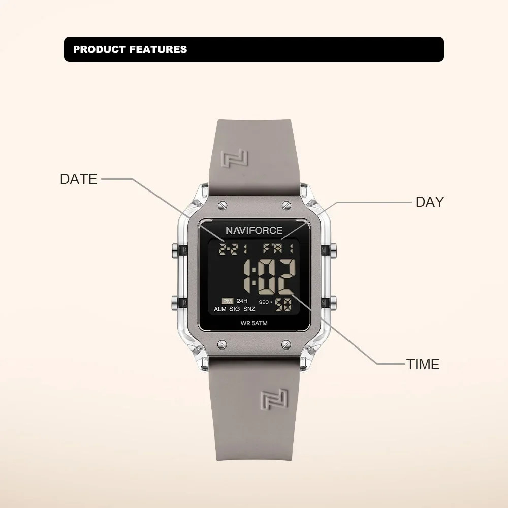 NAVIFORCE Digital Women Watch Waterproof Silicone Strap Time Date Alarm