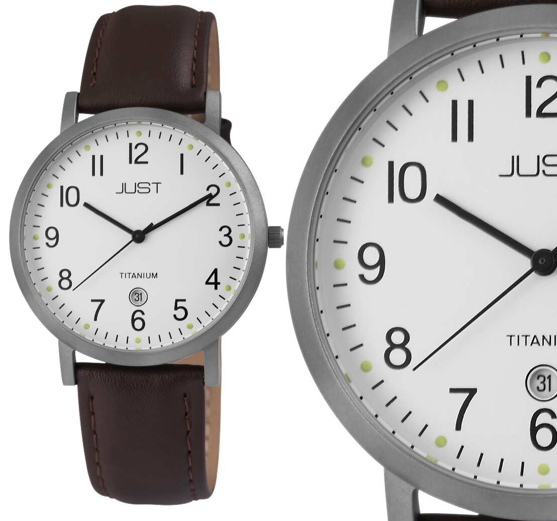 Titanium Men’s Watch Wristwatch White Brown Silver Leather Strap Date JUST JU20041