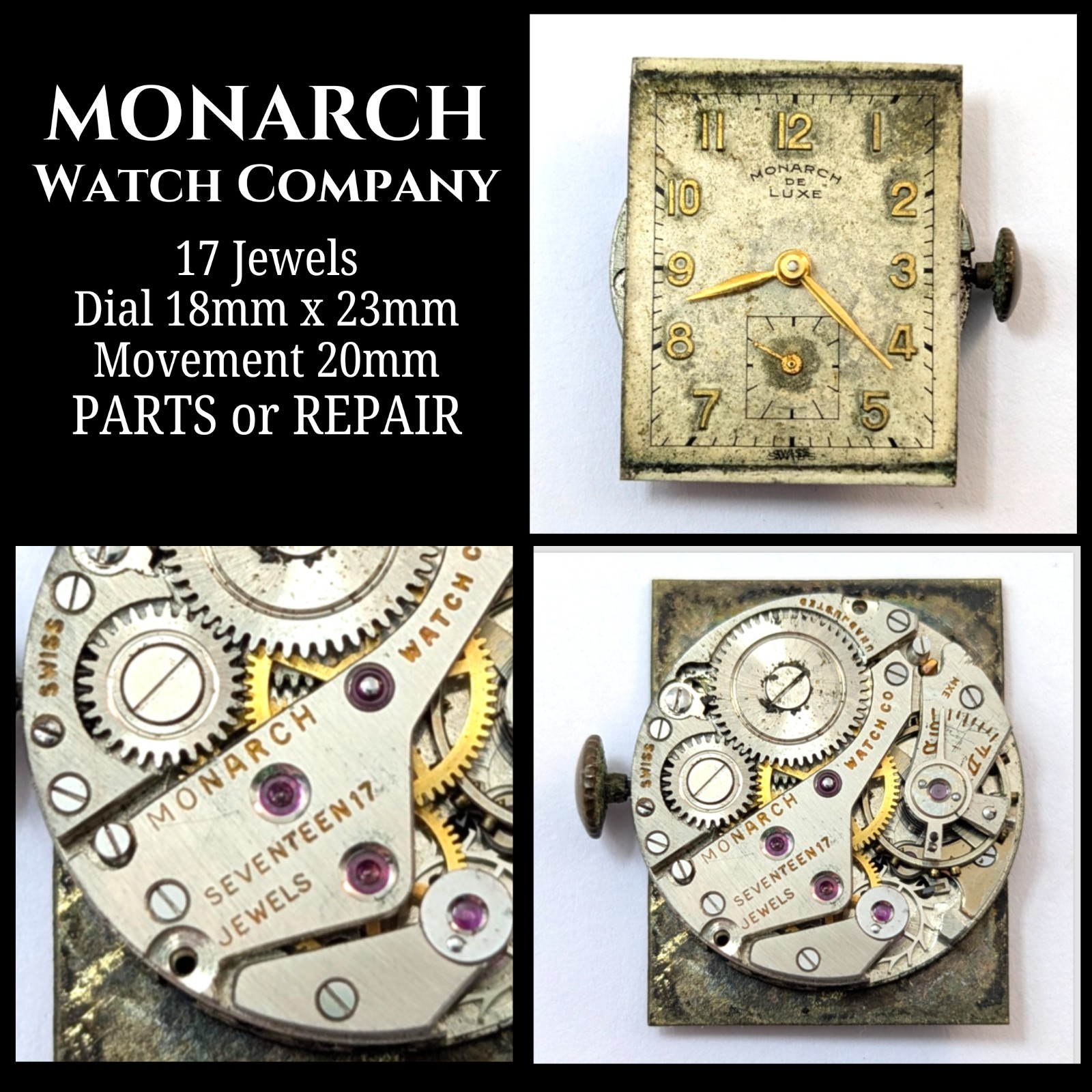 Vintage MONARCH De Luxe 17j 20mm Swiss Mechanical Watch Movement PARTS or REPAIR