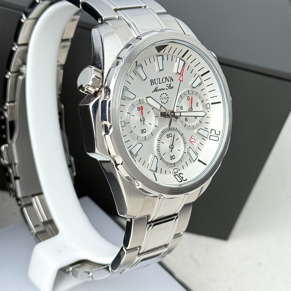 Bulova Men’s Marine Star Chronograph White Dial Stainless Quartz Watch 96B255