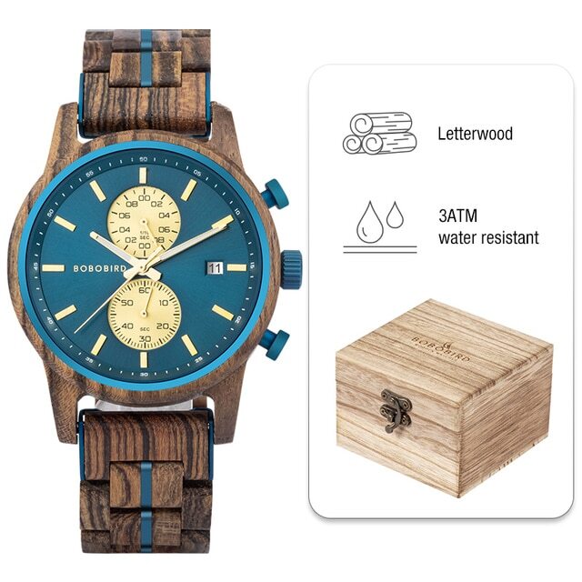 BOBO BIRD Wood Watch Men Business Quartz Watches Wooden Chronograph Wristwatch