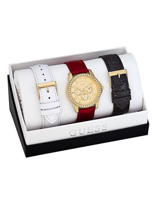 New Authentic guess black,red, & white interchangeable straps watch set u0555L1