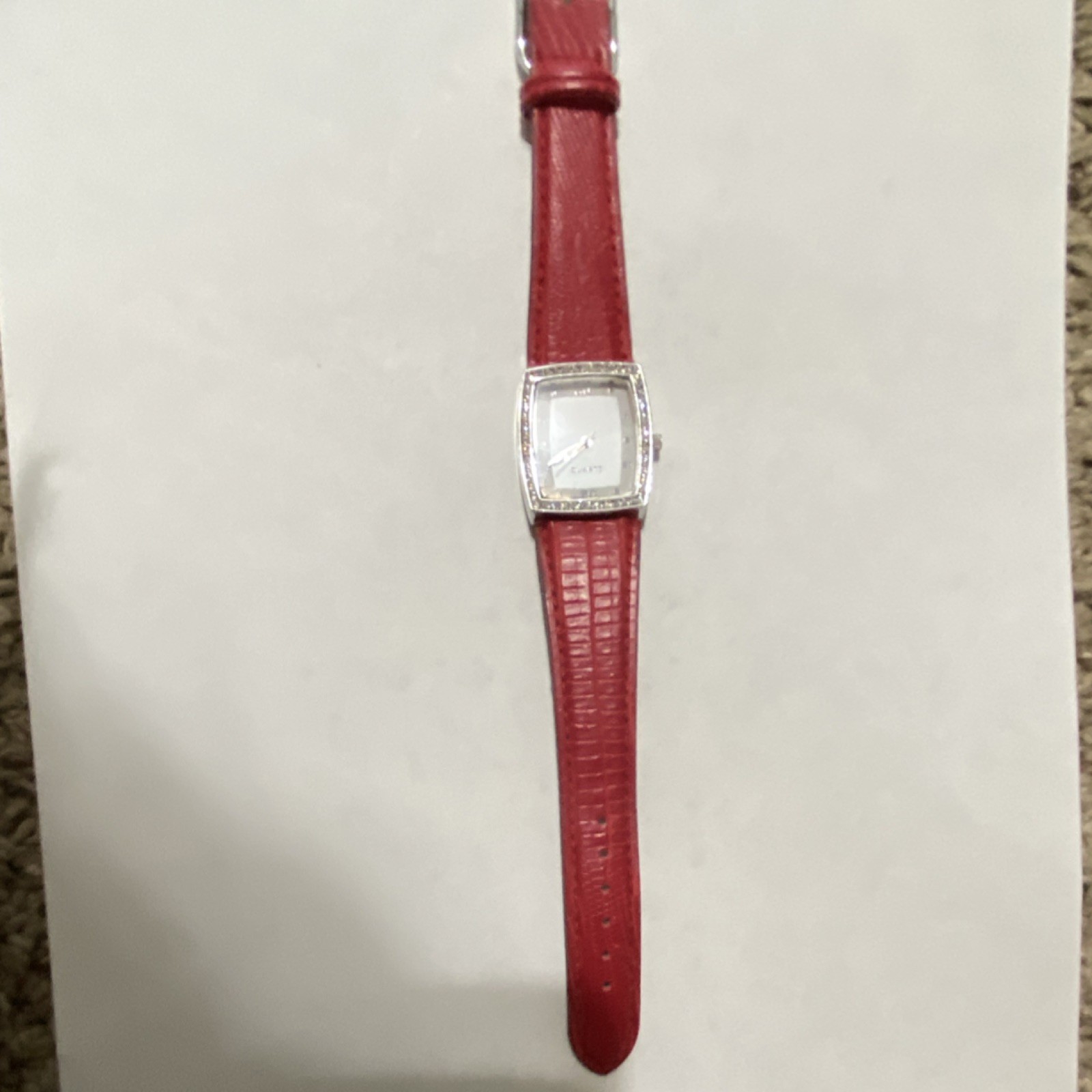 Quartz Analog Wristwatch Red Faux Leather Band Square Dial Steel Case