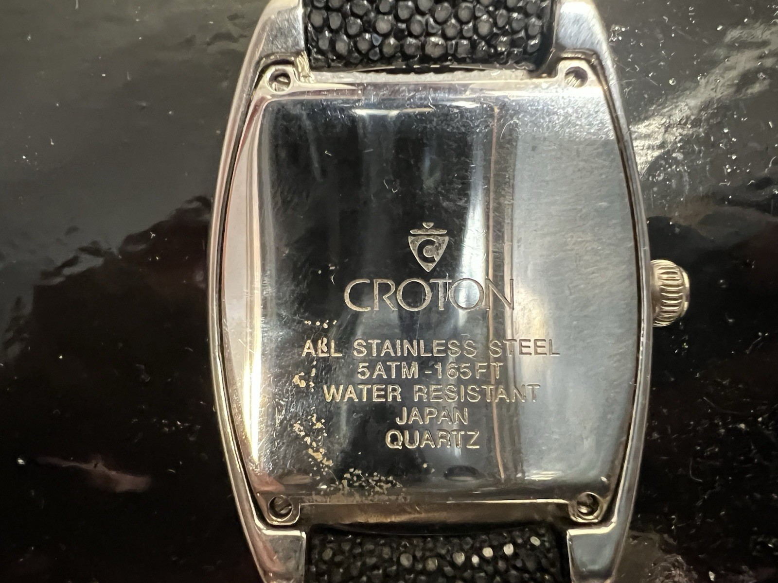 Croton Quartz Tonneau Wristwatch Black Dial Date 5 ATM Silver Steel Leather