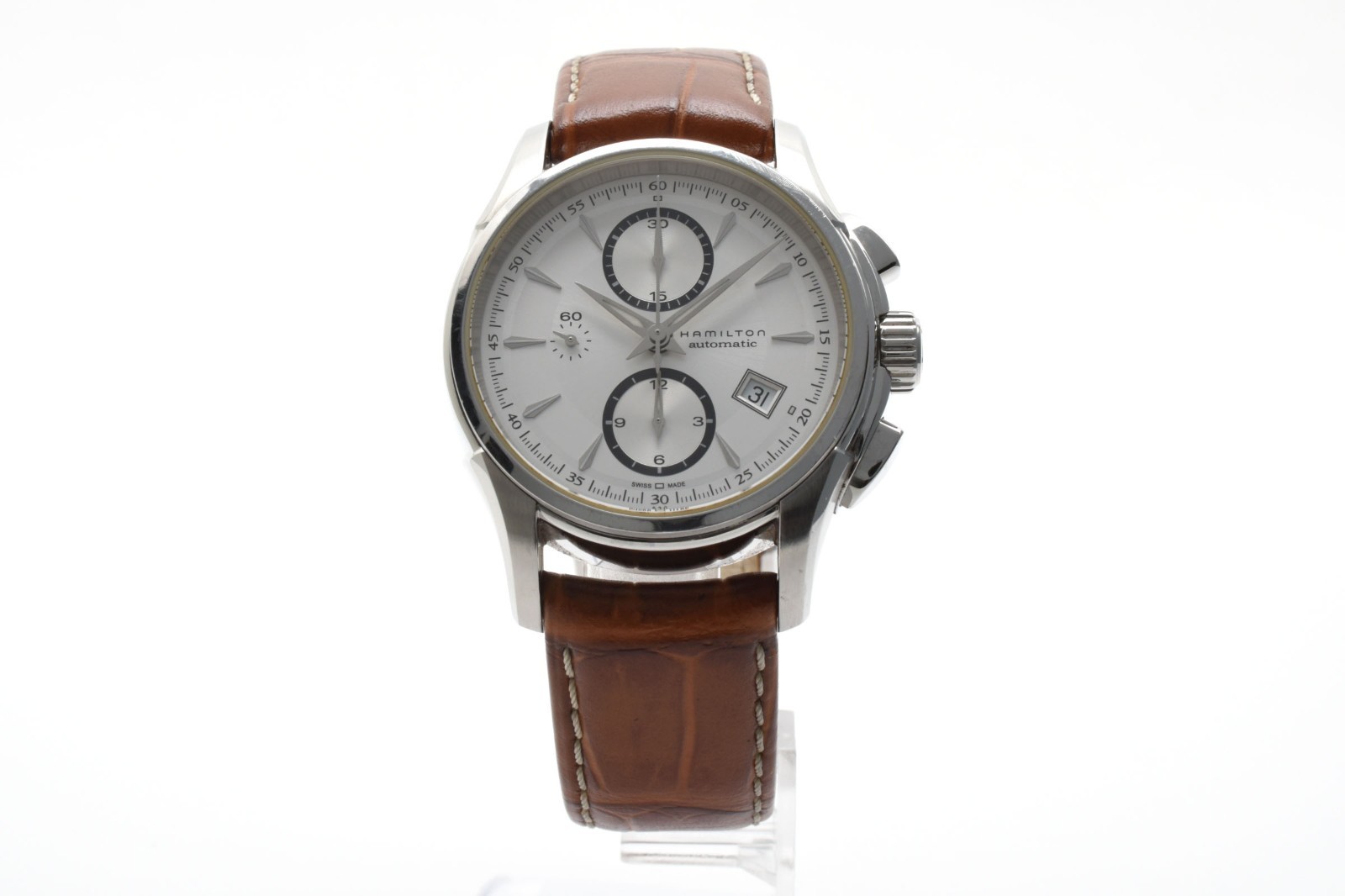 HAMILTON H326160 Jazzmaster Auto Chronograph White Dial Brown Leather Mens Watch