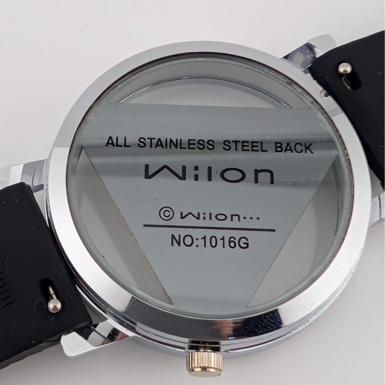 Wilon Triangle Dial Sunburst Quartz Watch Clear Case Black Silicone Strap 38mm
