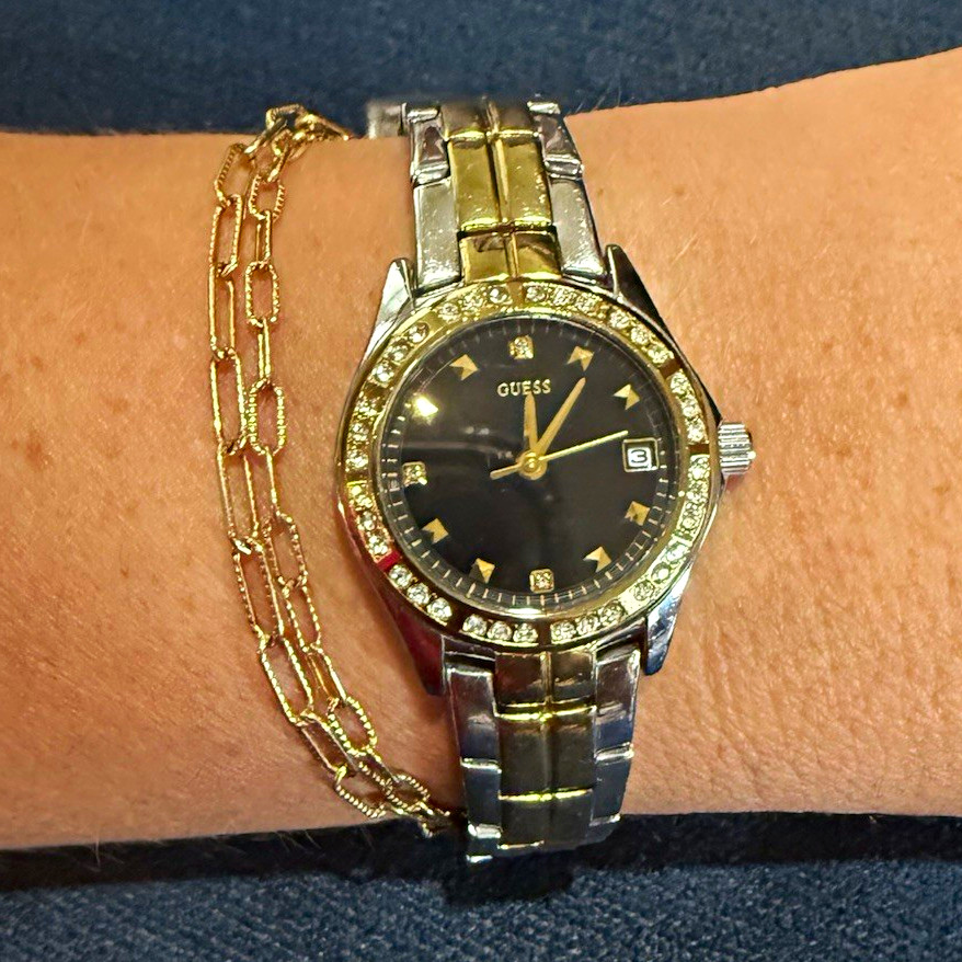 GUESS Women’s Two-Tone Bracelet Watch Quartz Black Dial Date Gem-Set Bezel