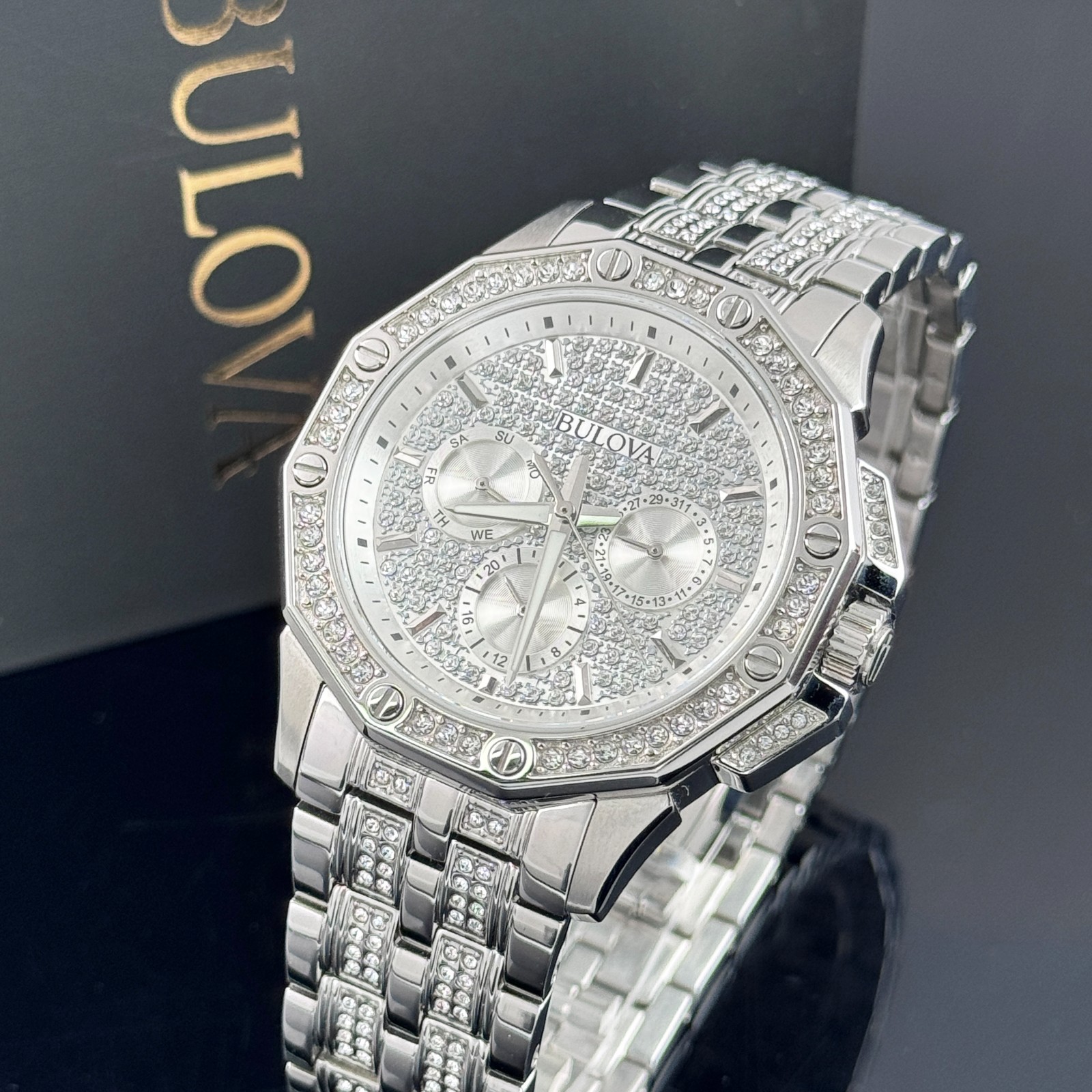 Bulova Men’s Octava Silver Pave Crystal Stainless Steel Quartz Watch 96C134