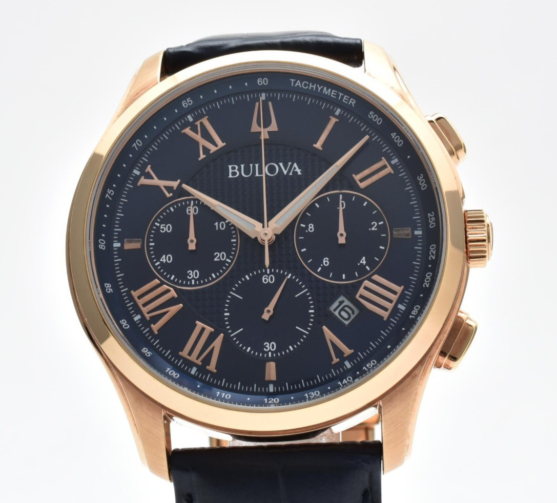 【w/Box】 Bulova Wilton 97B170 Classic Chronograph Rose Gold Blue Dial Men’s Watch