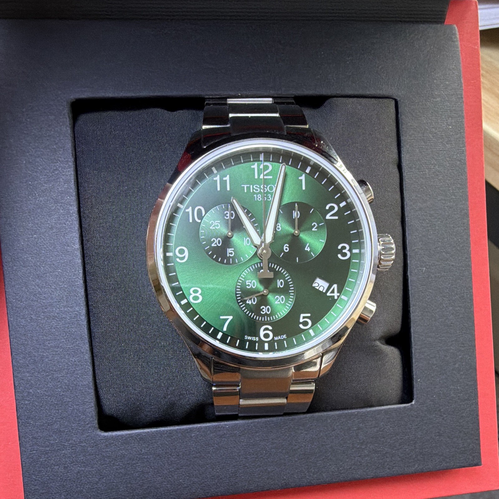 Tissot Quartz Green Sunburst Dial 42mm Date Sapphire Steel Bracelet 100m w/ Box