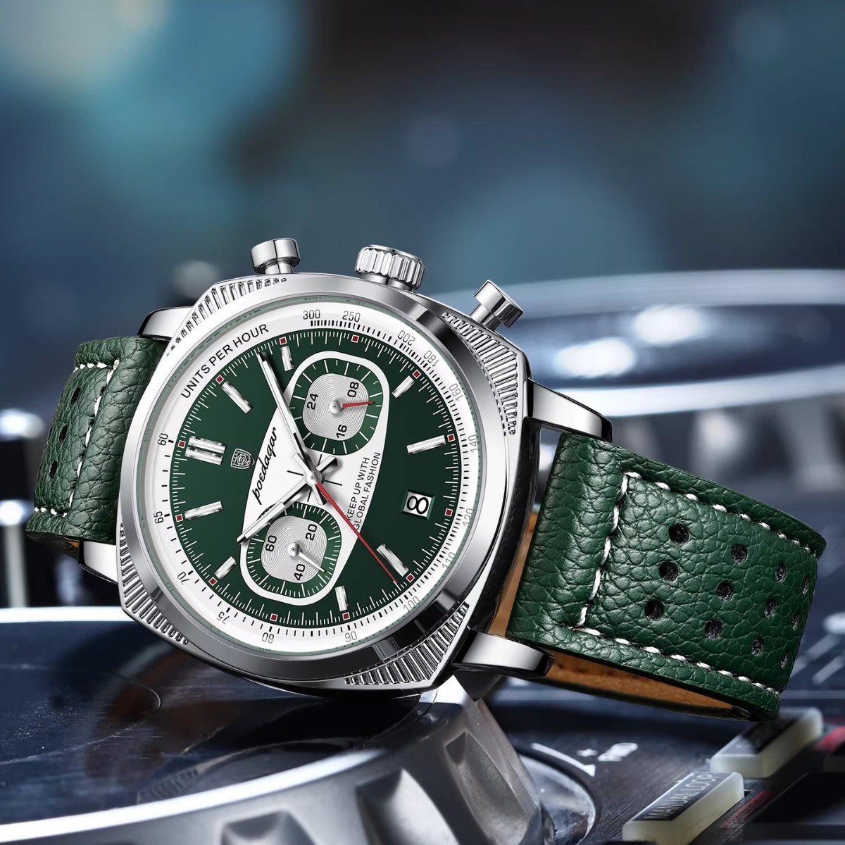 POEDAGAR Men’s Quartz Chronograph Watch Waterproof Luminous Leather Strap Watch