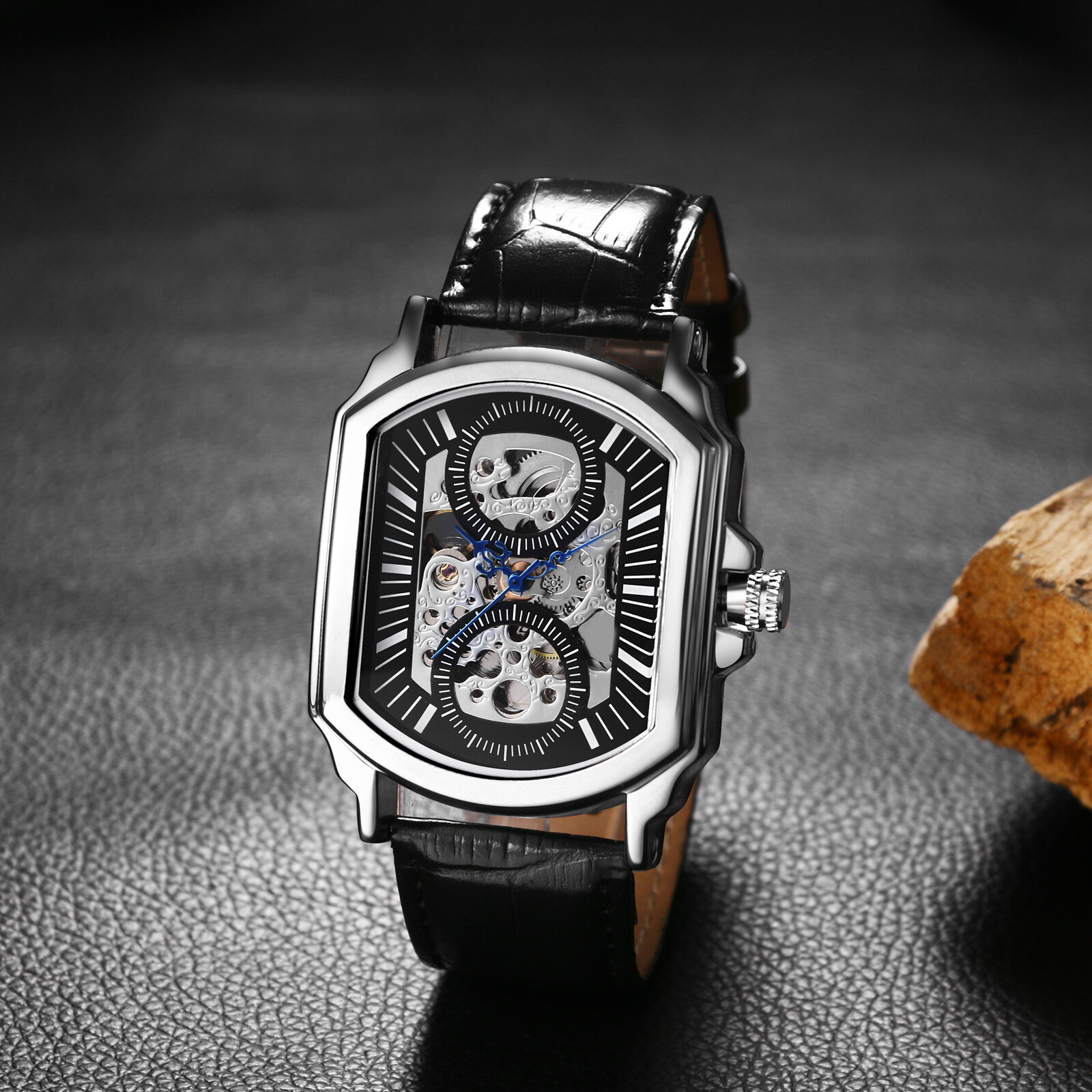 Business Men Square Hollow Automatic Mechanical Genuine Leather Band Wrist Watch