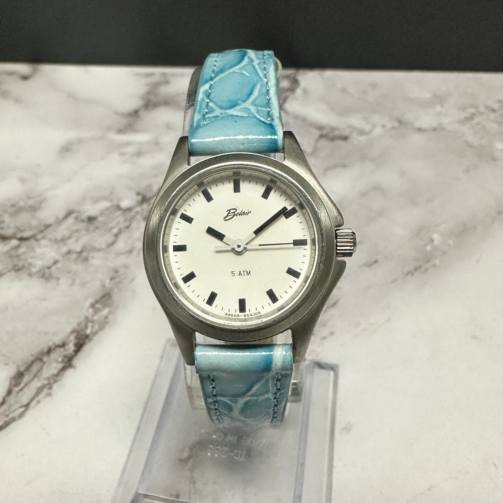 Belair Watch Women Silver Tone Round Dial Blue Leather Band New Battery 8.5 Inch