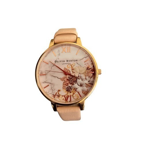 Olivia Burton London Gold Floral Marble Dial Watch Blush Leather Strap Boxed