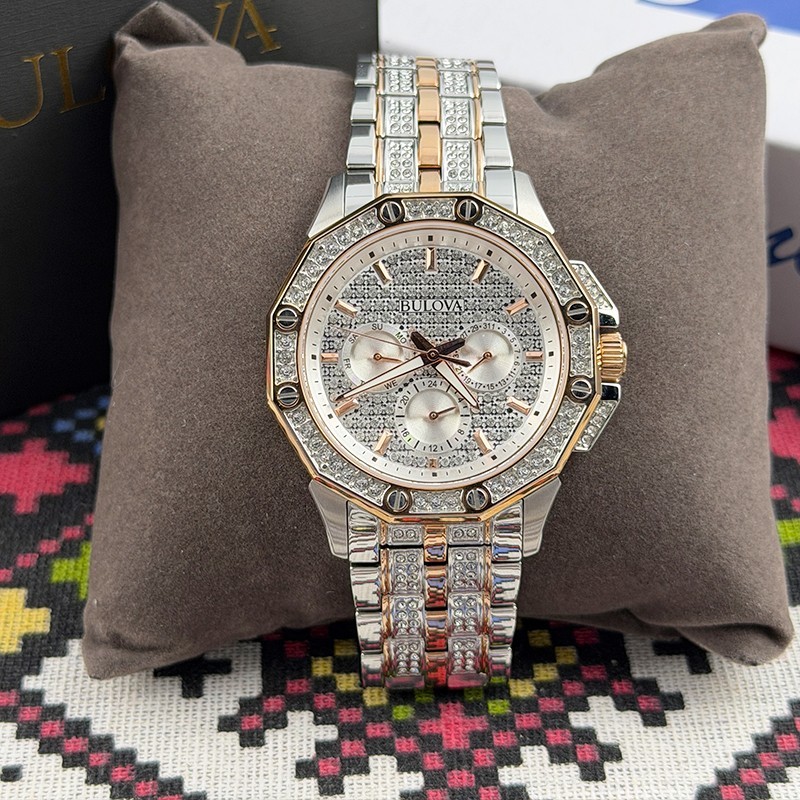 Bulova Men Crystal Octava 98C133 Rose Gold Dial Diamond Quartz Watch 41.5mm