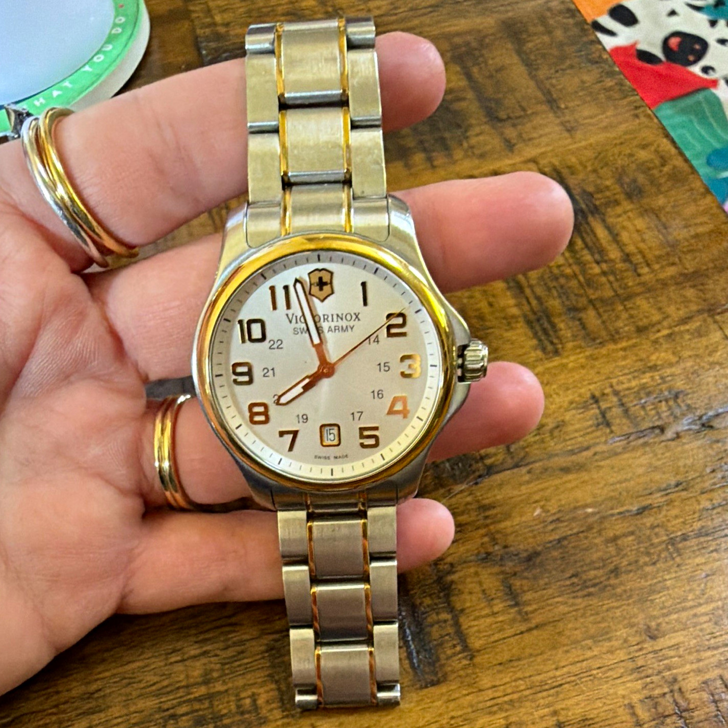 Victorinox Swiss Army Quartz Two-Tone SS White Dial Date Watch 100m 28-31mm