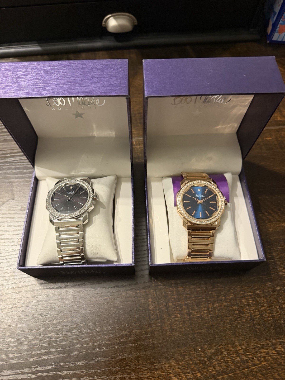 Bob Mackie Boutique Set of 2 Quartz Analog Gem-Set Watches Black/Blue w/Box