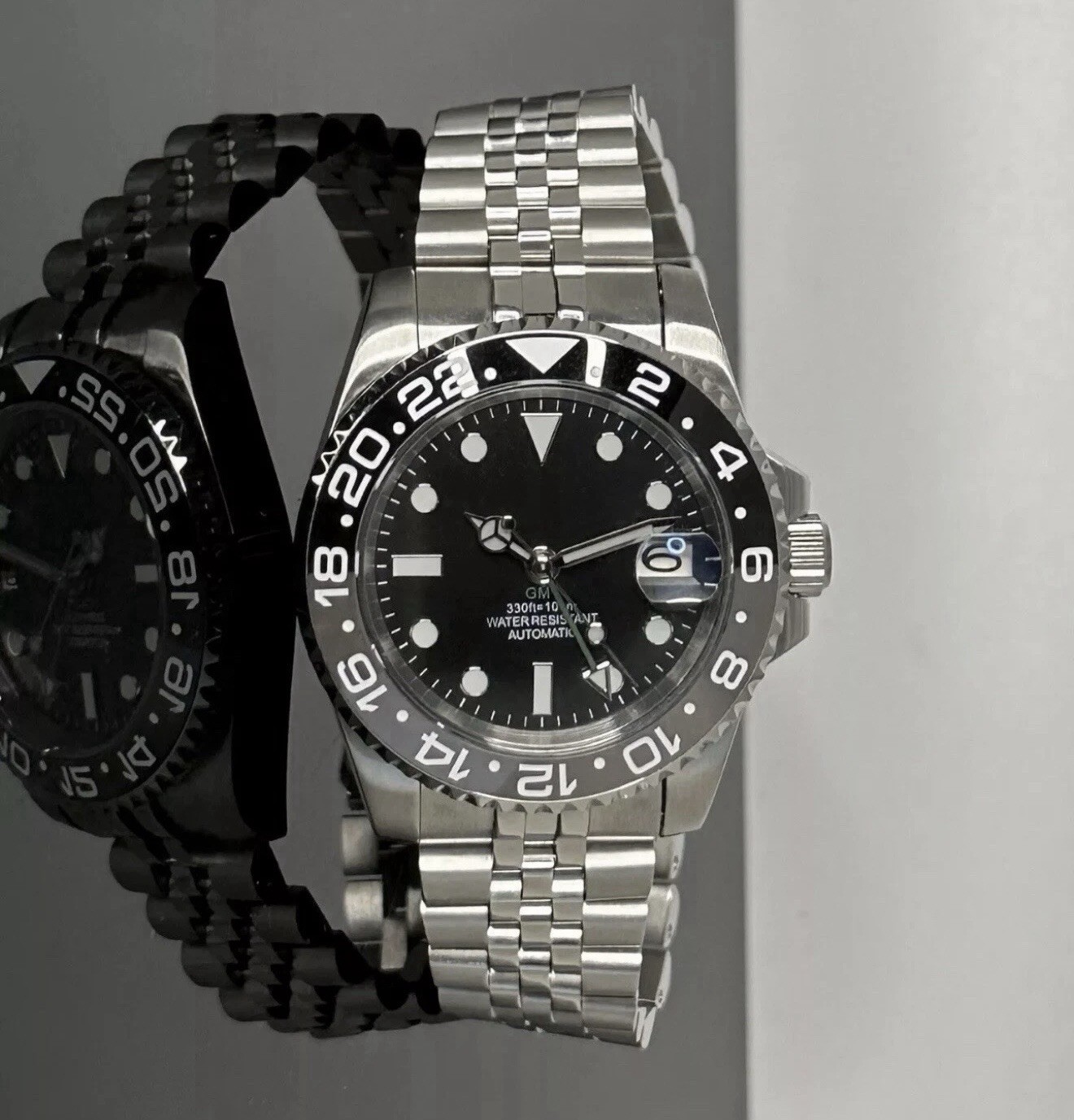 Custom 40mm GMT Style Diver «Bruce Wayne» Black Grey Mod Watch NH34 Automatic