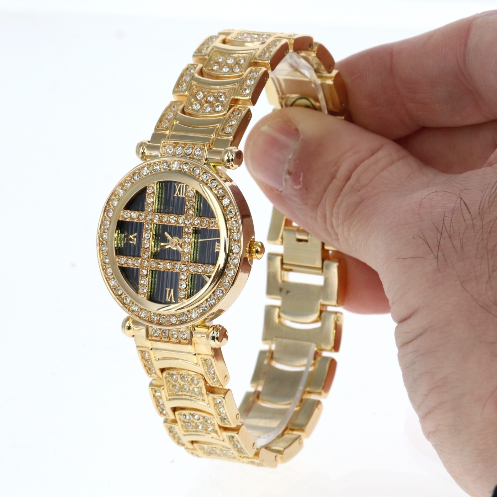 Women’s Gold Tone Fully Iced Bezel & Band Watch Black Dial 35.5mm