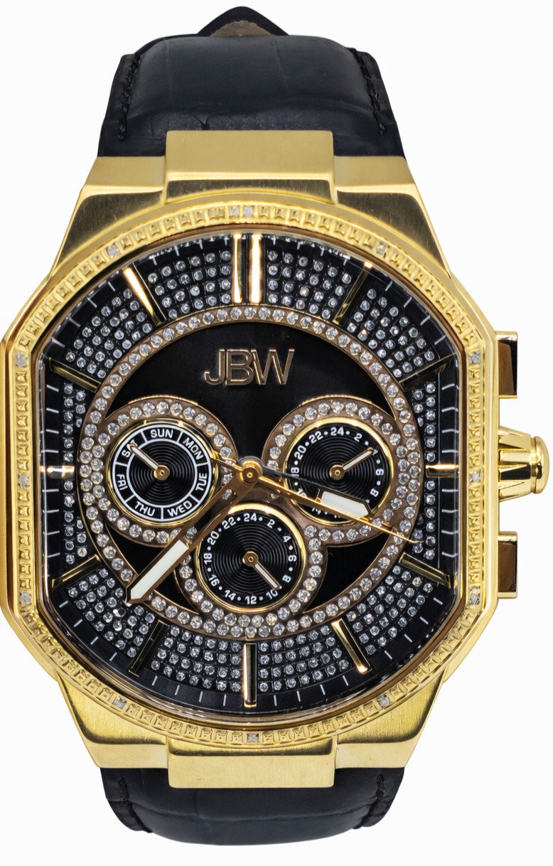 JBW J6342E Men’s Gold Tone Chronograph Diamond Dial Black Leather Watch