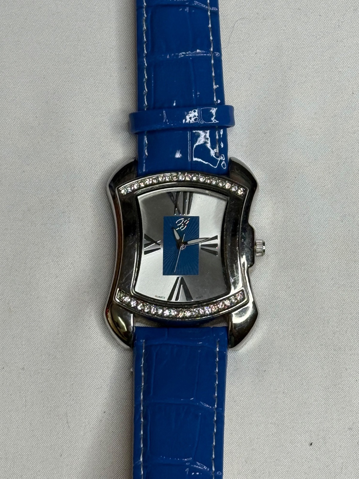 BURGI Rhinestone Barbicore Blue Croc Emboss Leather Watch BTV011 Working
