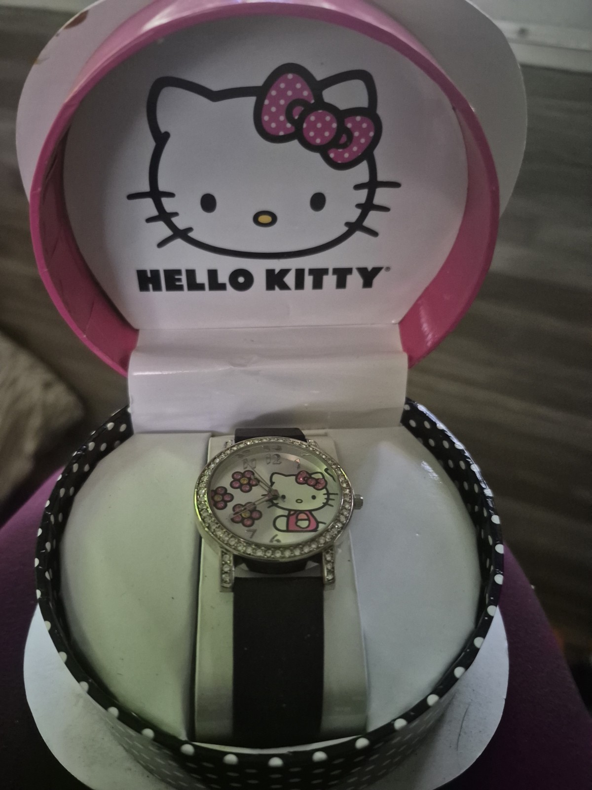 Hello Kitty Girls Quartz Analog Watch Black Rubber Strap Gem-Set Bezel Box