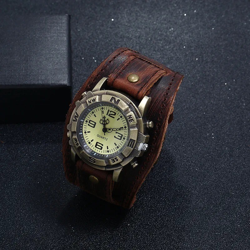 Vintage Retro Leather Cuff Bracelet Wide Band Steampunk Mens Quartz Wrist Watch