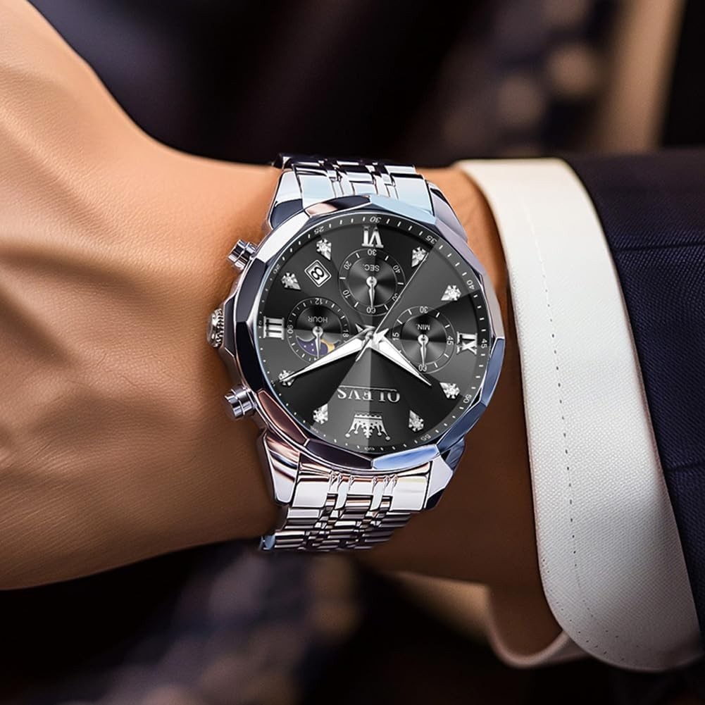 Elegant Silver & Black Men’s Watch with Diamond Accents – Business Dress Style