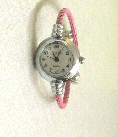 Finesse Womens Bangle Watch Silver Round Bezel Pearl Dial Small Pink Cable Band!