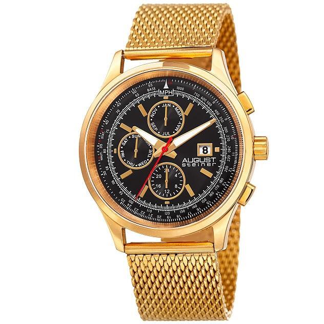 August Steiner AS8194YGB Tachymeter Month Day Date GMT Mesh Band Mens Watch