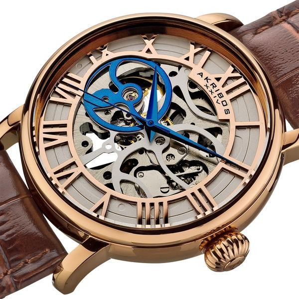 Akribos AK540RG Exquisite Mechanical Skeleton Brown Leather Strap Mens Watch