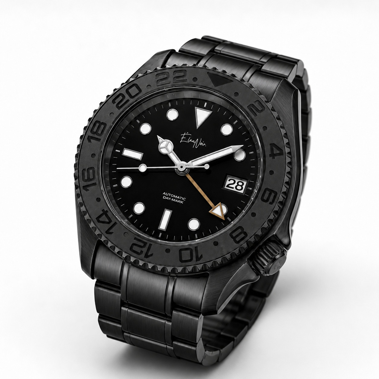 Élan Noir Automatic Day Date GMT Watch 41mm Black-Out NH35 Stainless Steel Gold