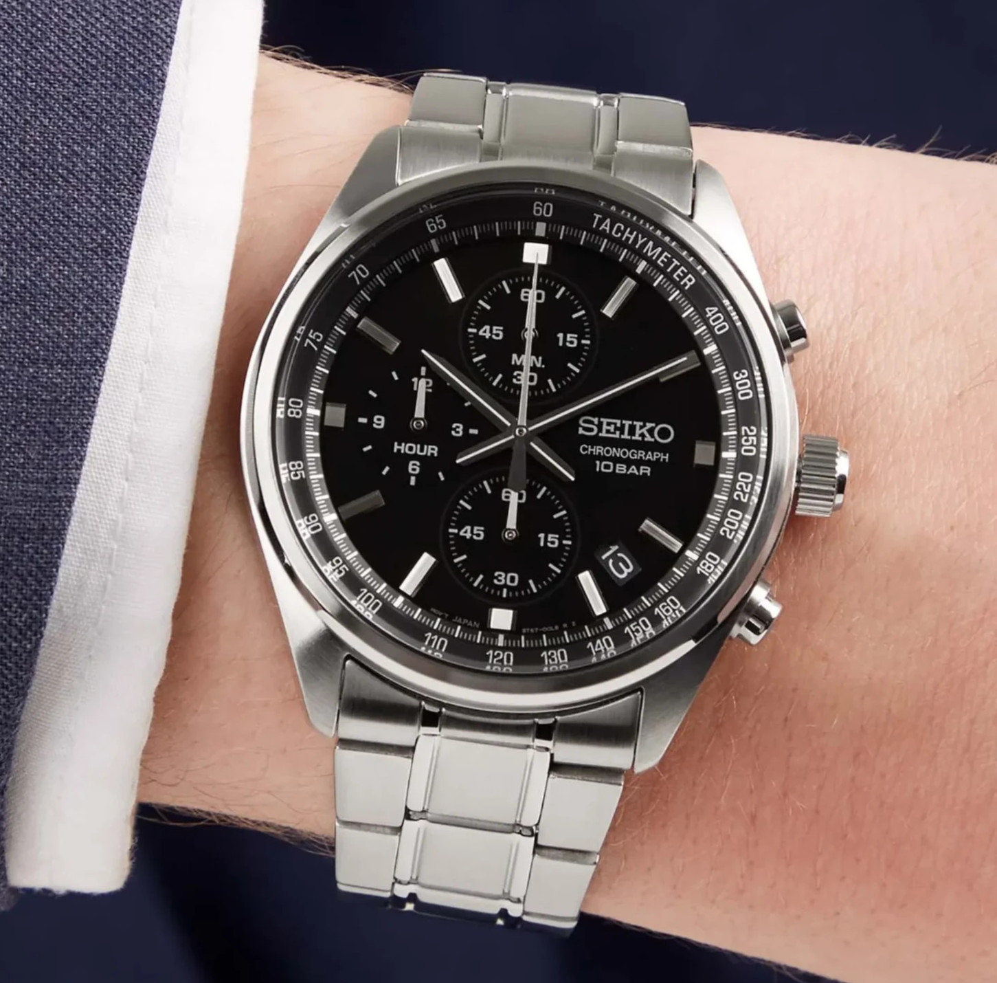 Seiko Chronograph SSB379 Men’s Black Dial Tachymeter Steel Bracelet Watch – New