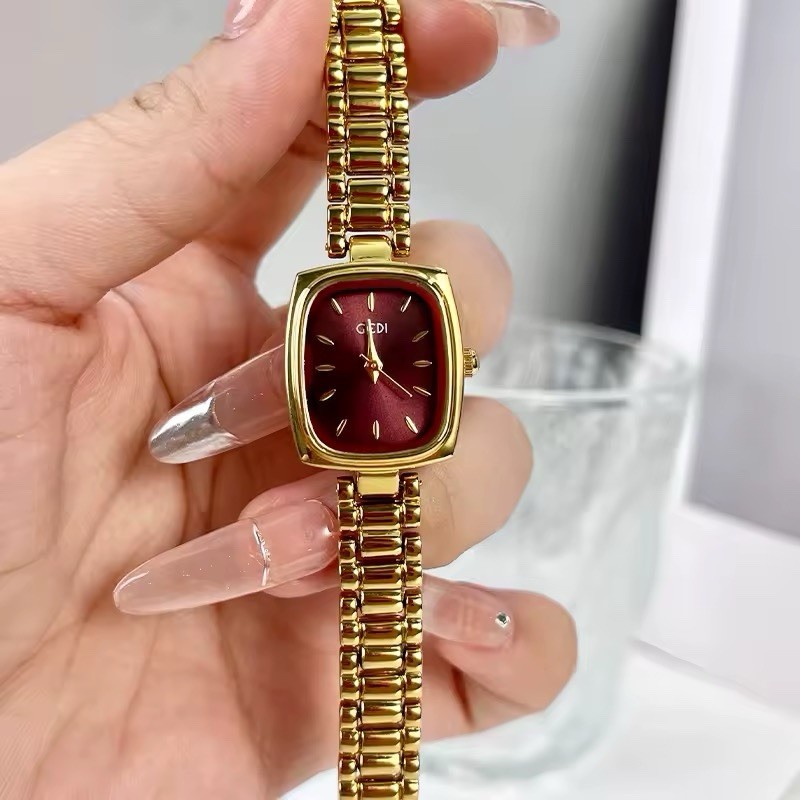 GEDI Gold Metal Rectangle Analog Dress Watch Red Dial Bracelet for Women