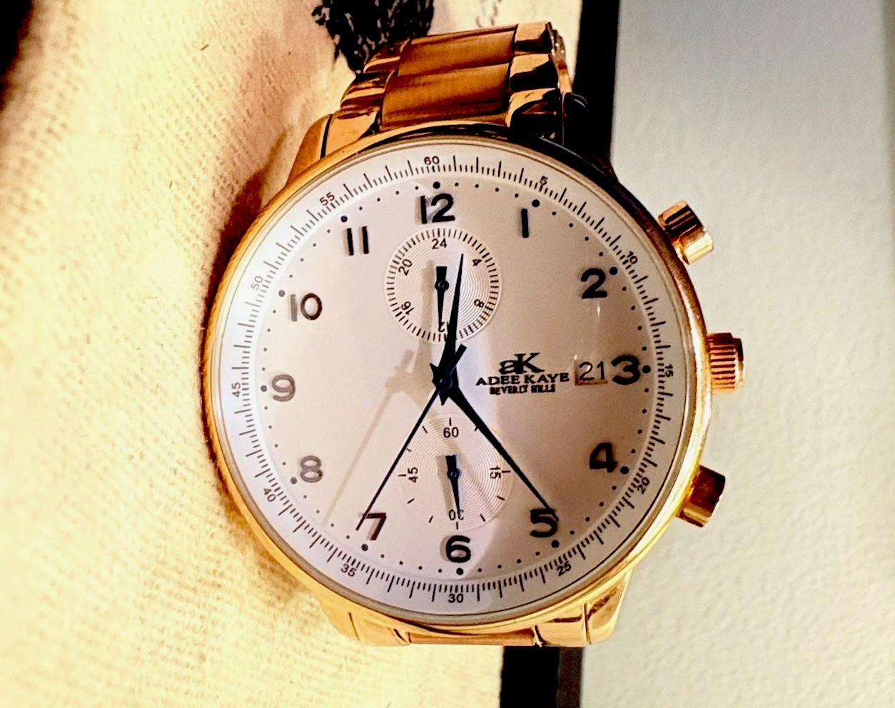 Adee Kaye Men’s Chronograph Watch White Dial W/ Blue Numerals/Hands + Date
