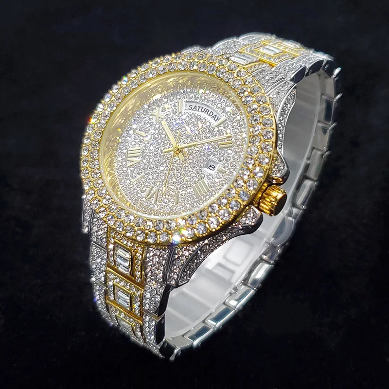 Luxury Iced Out Diamond Watch Men’s Bling Day Date Gold Steel Quartz Hip Hop