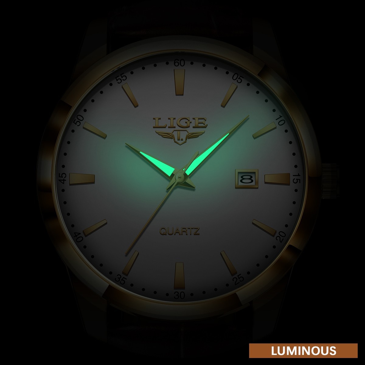 Men Watch Quartz Analog Date Luminous Waterproof Leather Classic Wristwatch +BOX