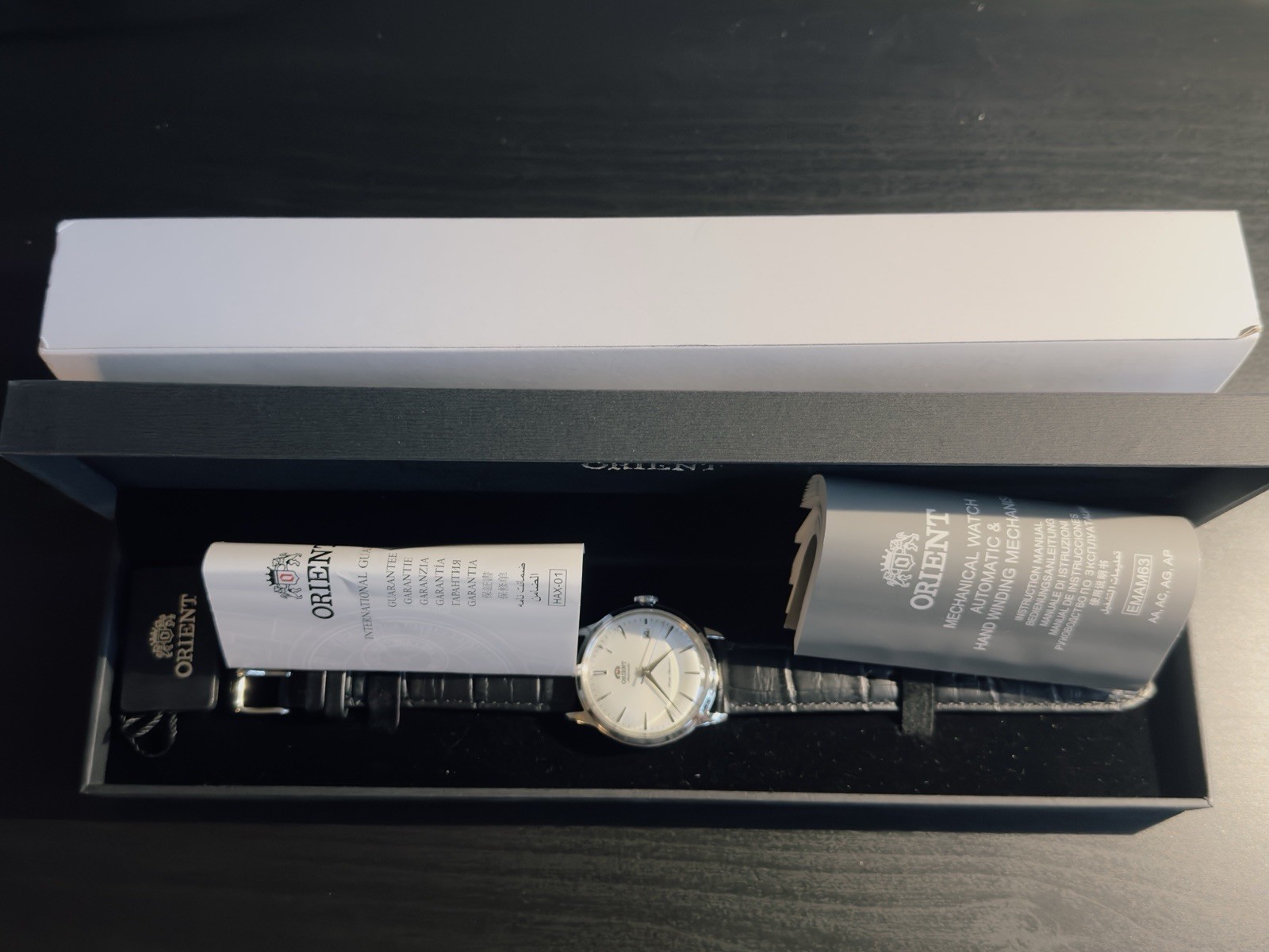 Orient Bambino Automatic Silver Dial Black Leather Date Watch w/ Box Papers