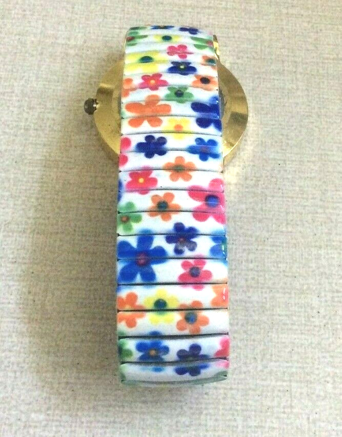 Finesse Women’ Gold Watch Slide Crystal Bezel on Flowered White Stretch Band New