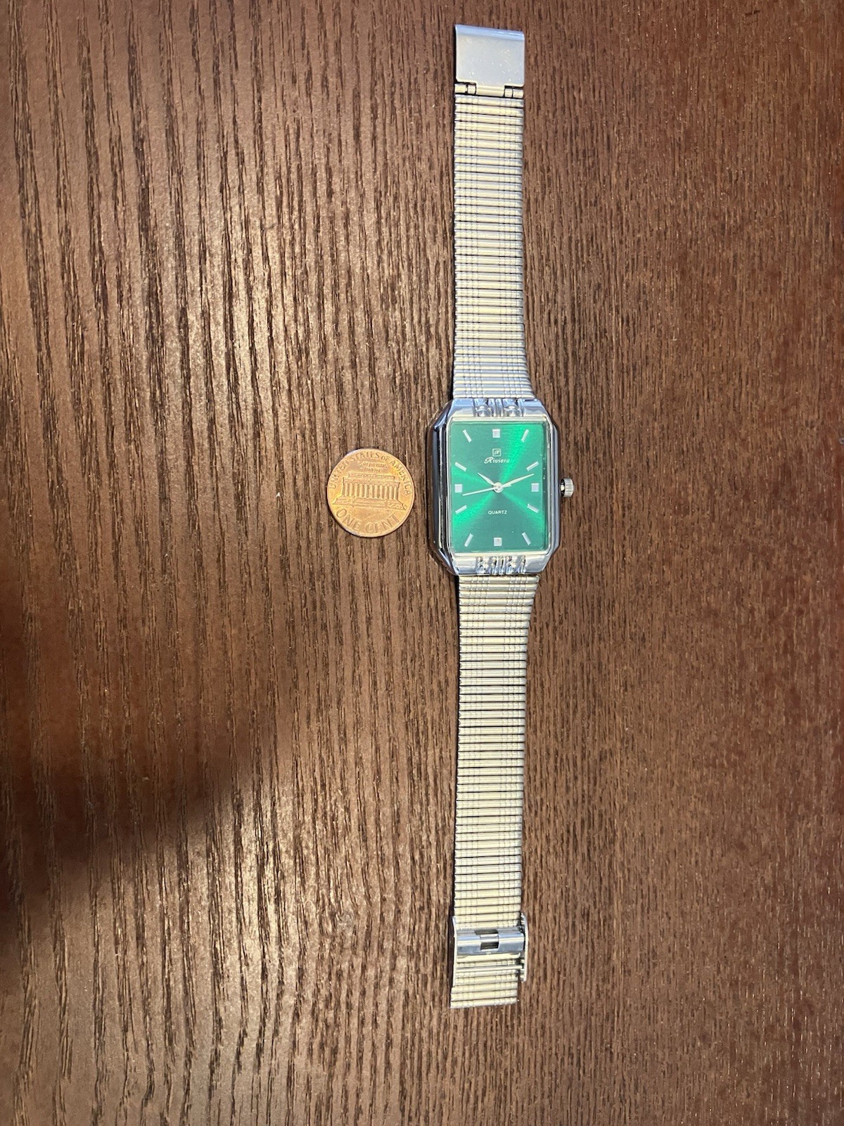 Riviera Unisex Quartz Watch Green Rectangle Dial Silver Metal Bracelet Seconds